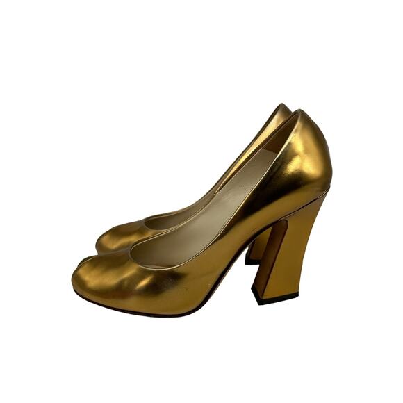 Yves Saint Laurent Metallic Gold Chunky Heel Peep Toe Pumps EUC 37 US 6.5 - Picture 7 of 16